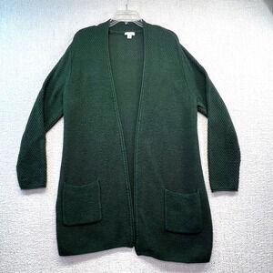 J. Jill Green Textured Open Front Cardigan Sweater Size L Wool Blend Pockets